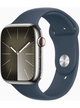 Apple Watch Series 9 4G 45mm Edelstahl Case mit Silicon Armband – Silver · Silicon Blue